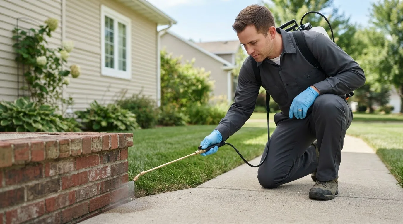 Pest control technician treating a home near Prospect Harbor, ME
