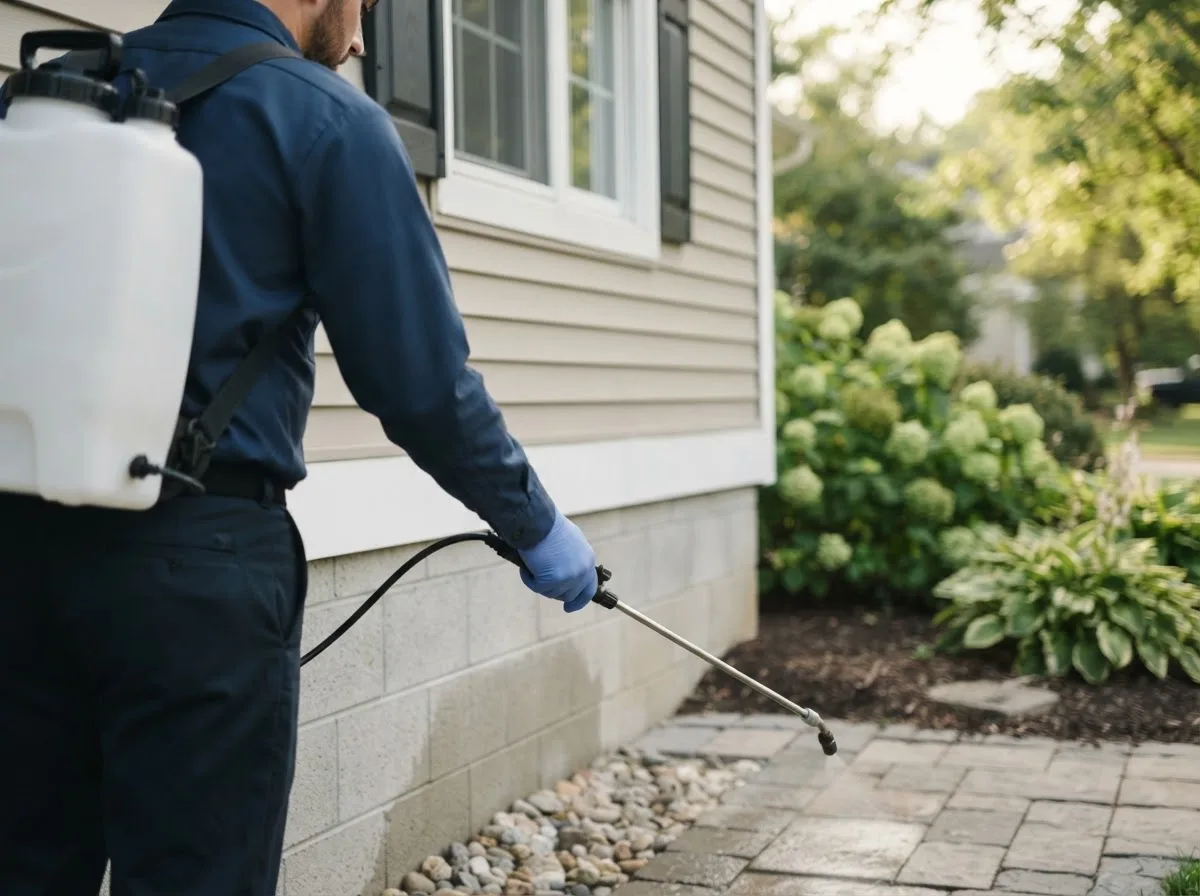 Pest control technician inspecting a home in Prospect Harbor, ME